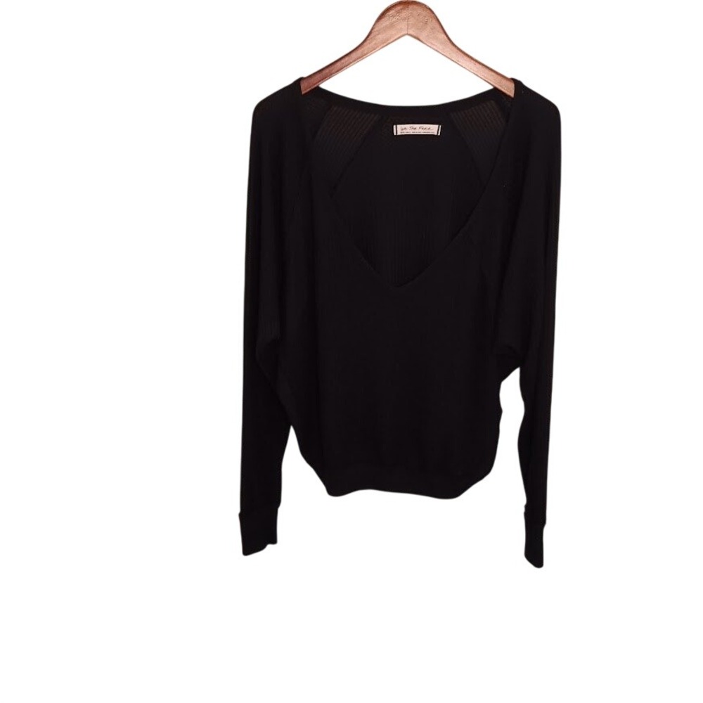 We The Free People Black Waffle Oversized V Neck Dolman Sleeve Extra‎ Small Boho